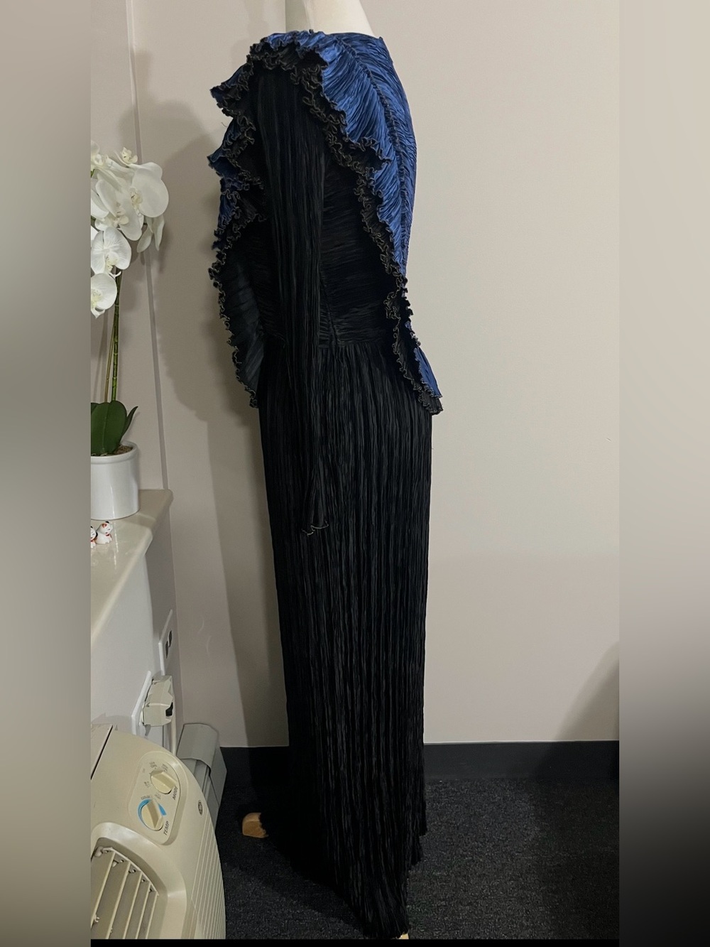 Mary McFadden Vintage 80s Pleated Gown Size 8 Medium M Blue Black Plisse - Picture 4 of 16